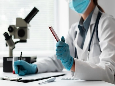 Doctora examina la sangre de un paciente