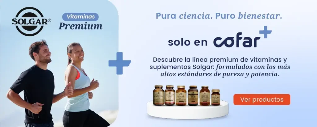 Banner de suplementos vitamínicos Solgar. "Pura ciencia. Puro bienestar. Solo en Cofar".