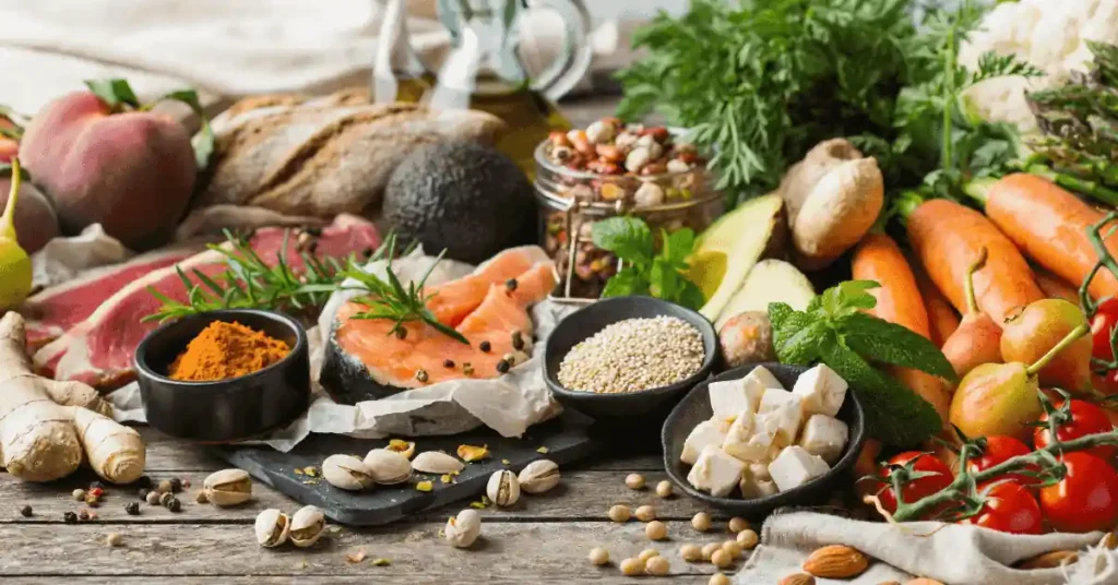 Bodegón con muchos alimentos. haciendo a lución a la nutrición para la fertilidad