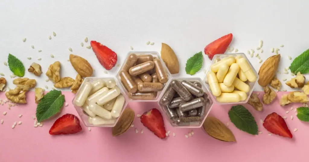 Frutos secos, fresas y envases con diferentes suplementos sobre fondo gris claro y rosado, haciendo referencia a suplementos vitamínicos