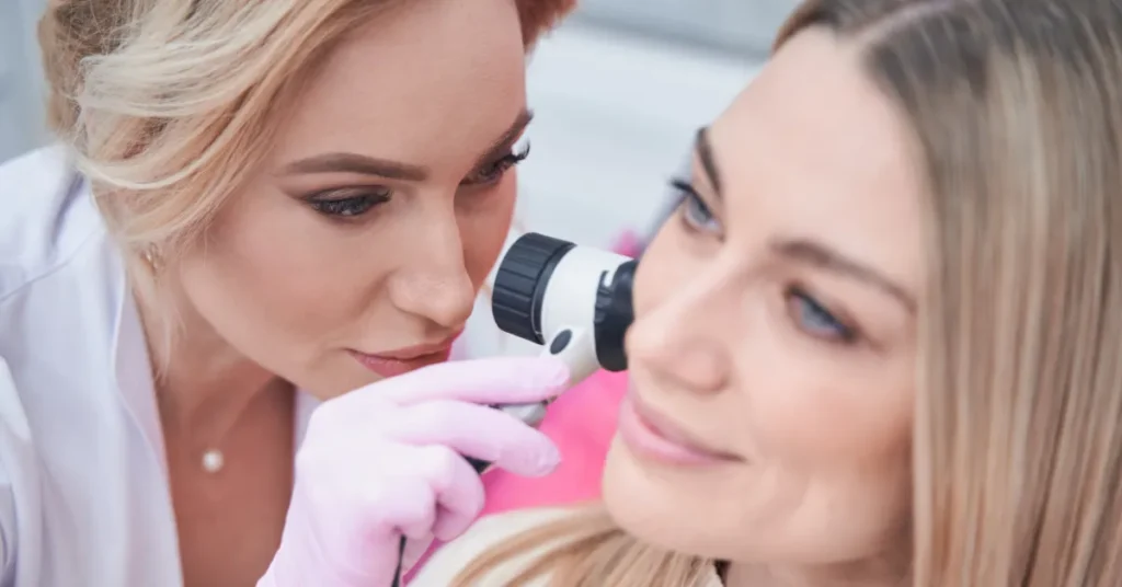 Dermatologó buscando enfermedades en la piel de paciente, haciendo referencia a la ariticulo Detección y Prevención: Señales de Cáncer de Piel y Cuidado de Lunares