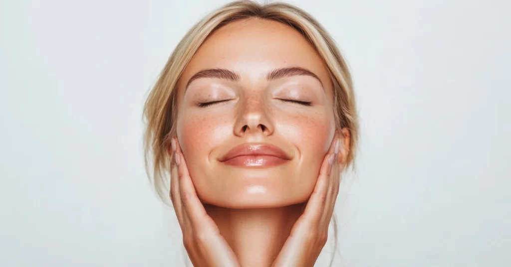 Mujer hermosa con sus manos en la cara y ojos cerrados, haciendo referencia al articulo de Regenerar la piel