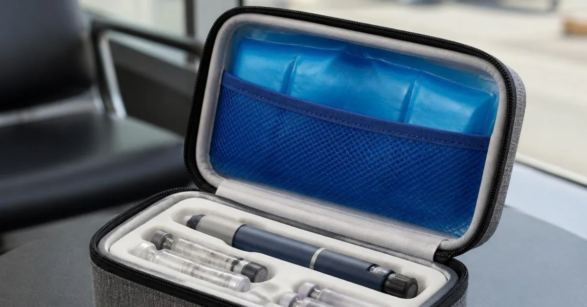 Un estuche térmico abierto diseñado para viajar con medicamentos refrigerados, mostrando en su interior un paquete de gel frío azul, una pluma de inyección y frascos de vidrio para garantizar el mantenimiento de la cadena de frío durante los traslados.