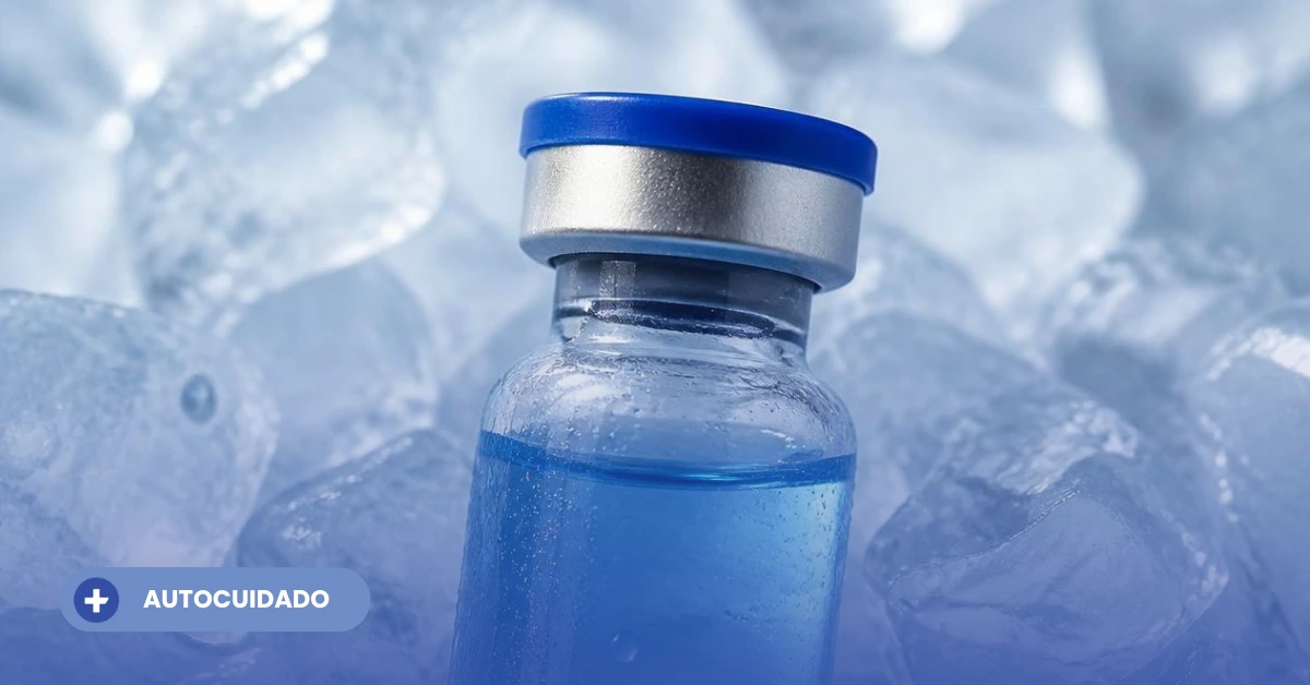 Un frasco de medicamento de vidrio con tapa azul reposando directamente sobre cubos de hielo, ilustrando el control de temperatura necesario para mantener la cadena de frío.