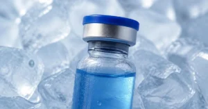 Un frasco de medicamento de vidrio con tapa azul reposando directamente sobre cubos de hielo, ilustrando el control de temperatura necesario para mantener la cadena de frío.
