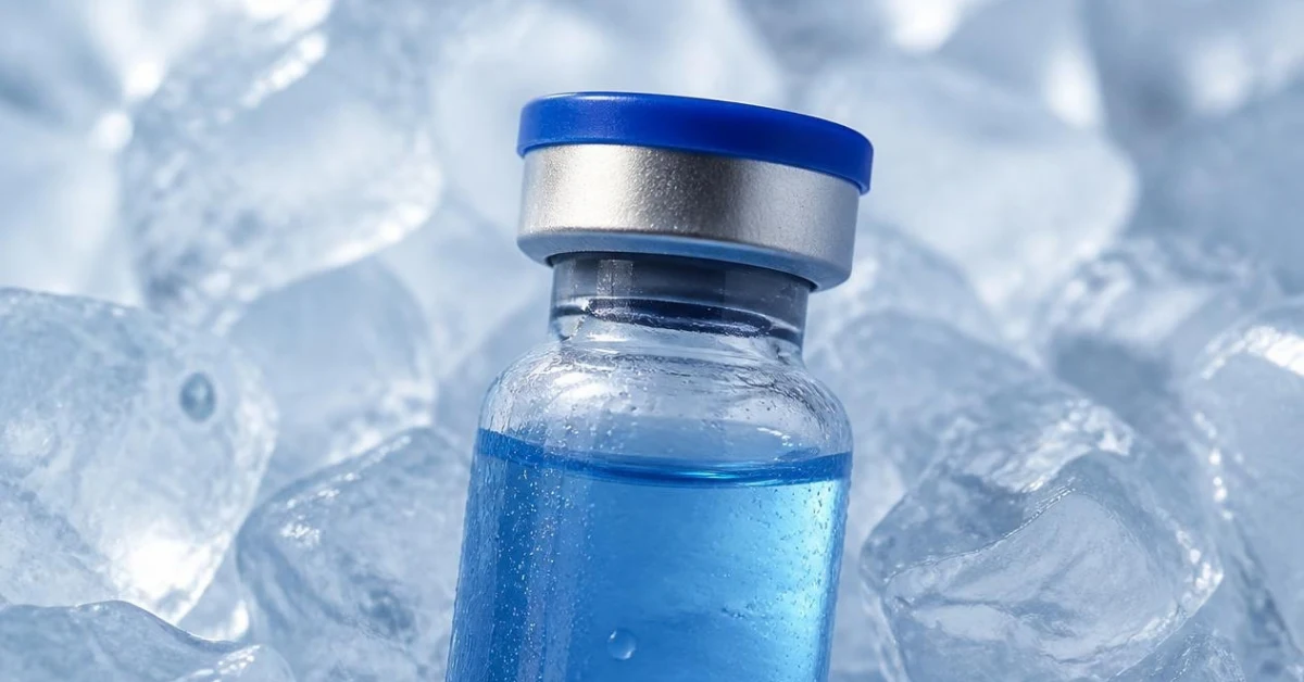 Un frasco de medicamento de vidrio con tapa azul reposando directamente sobre cubos de hielo, ilustrando el control de temperatura necesario para mantener la cadena de frío.