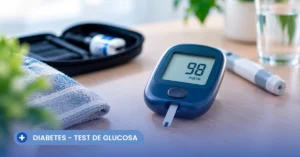 Un glucometro digital azul muestra una lectura de 98 mg/dL sobre una mesa de madera. A su lado, un dispositivo de lanceta, un vaso de agua y una toalla enrollada. El banner azul de COFAR en la esquina inferior izquierda muestra el texto 'DIABETES - TEST DE GLUCOSA', indicando el tipo de test de glucosa