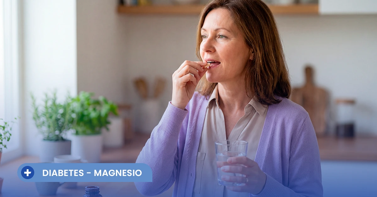 Mujer adulta en la cocina tomando un suplemento de magnesio junto a un vaso con agua para apoyar el bienestar y control metabólico.