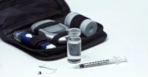 Kit de control de glucosa y jeringa médica, elementos clave al planificar cómo almacenar los medicamentos para la resistencia a la insulina.
